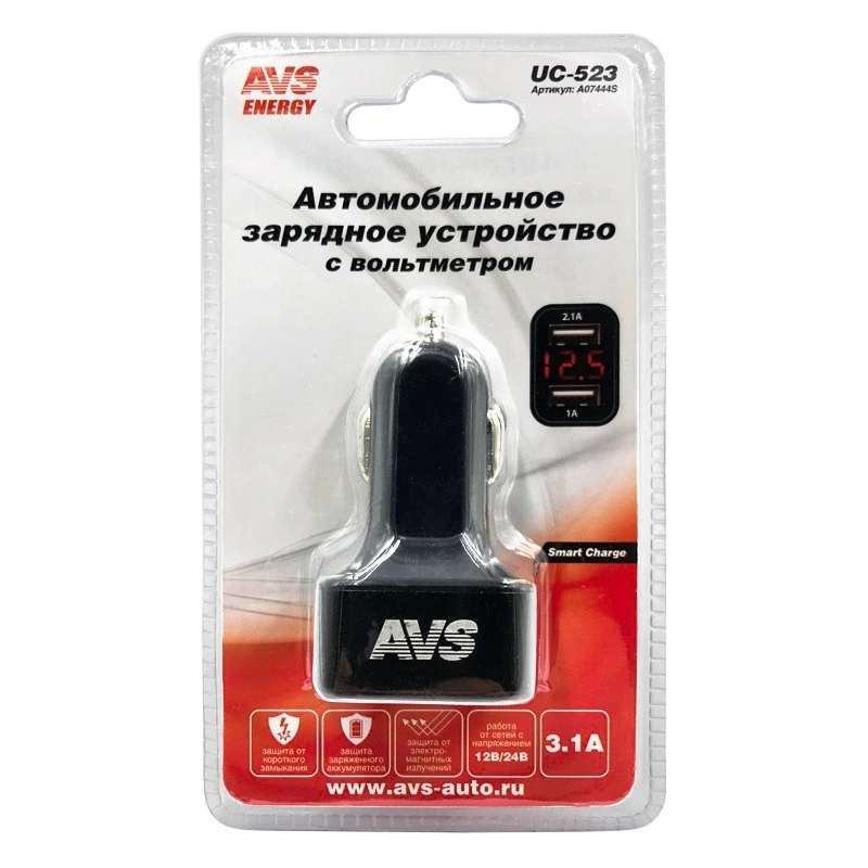 Устройство зарядное для телефона AVS (1 USB - 2.1A,2 USB - 1A, 12/24В)