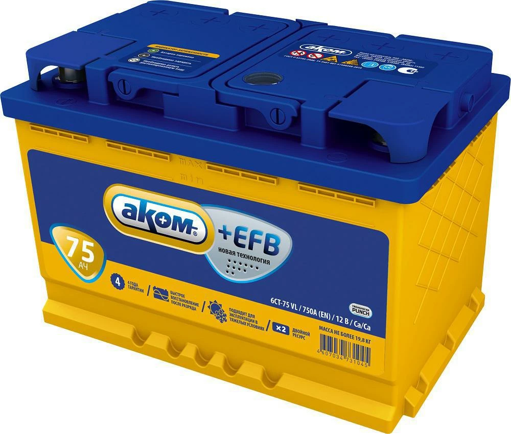 Аккумулятор легковой Akom EFB 75 ач 750А Обратная полярность