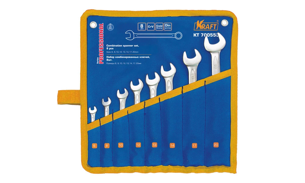 Набор рожково-накидных ключей ( 8 предметов) KRAFT (сумка; 6,8,10,12,13,14,17,20 мм)
