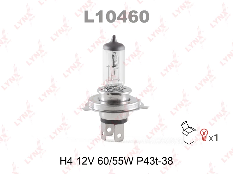 Лампа галогенная LYNXauto H4 (P43t) 12V 55W, L10460, 1 шт