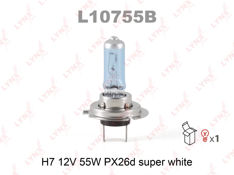 Лампа галогенная LYNXauto Super White H7 (PX26d) 12V 55W, L10755B, 1 шт