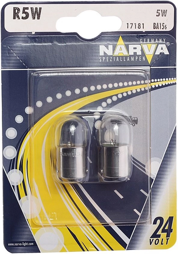 Лампа галогенная Narva R5W (BA15s) 24V 5W, 17181B2, 2 шт