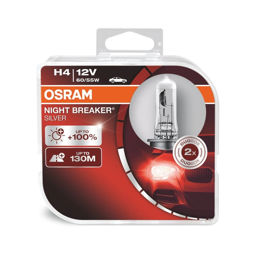 Лампа галогенная Osram Night breaker Silver H4, 12 В, 60/55W, набор 2 шт