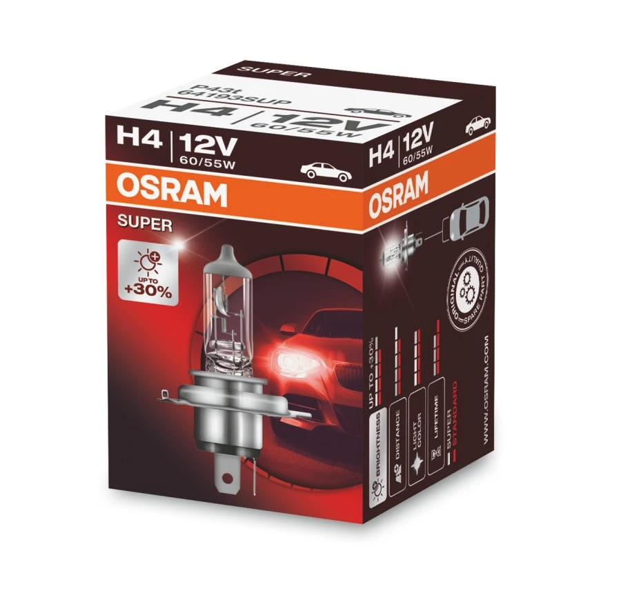 Лампа галогенная Osram Super H4 (P43t) 12V 60/55W, 64193SUP, 1 шт