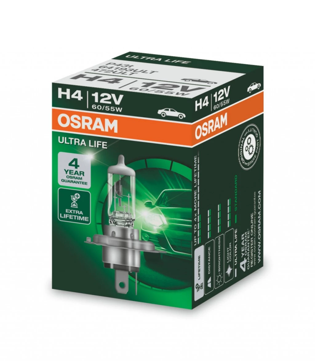 Лампа галогенная Osram Ultra Life H4 (P43t) 12V 60/55W, 64193ULT, 1 шт