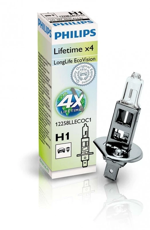 Лампа галогенная Philips LongLife EcoVision H1 (P14.5s) 12V 55W, 12258LLECOC1, 1 шт