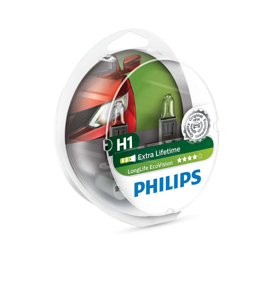Лампа галогенная Philips LongLife EcoVision H1 (P14.5s) 12V 55W, 12258LLECOS2, 2 шт