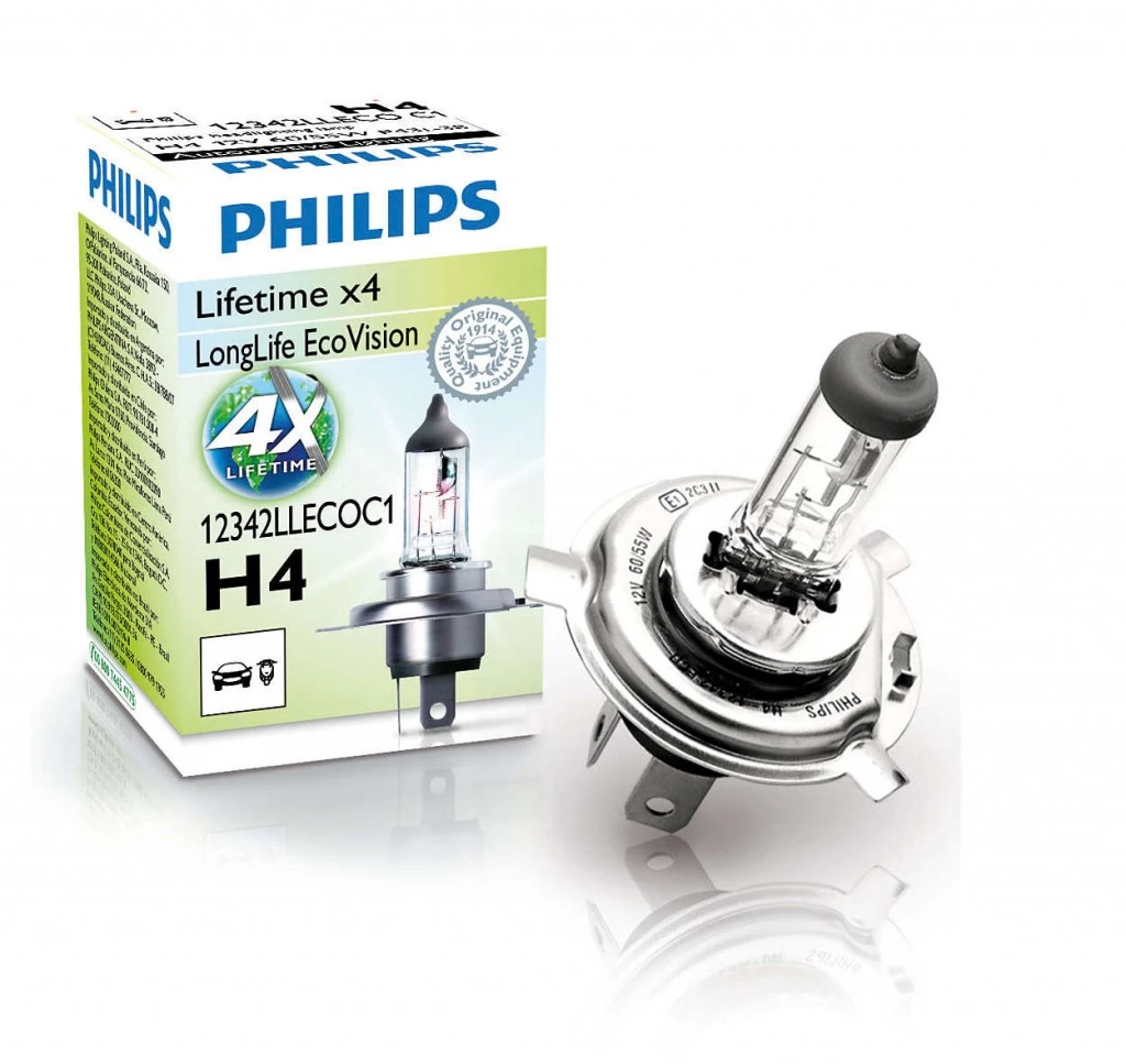 Лампа галогенная Philips LongLife EcoVision H4 (P43t) 12V 60/55W, 12342LLECOC1, 1 шт