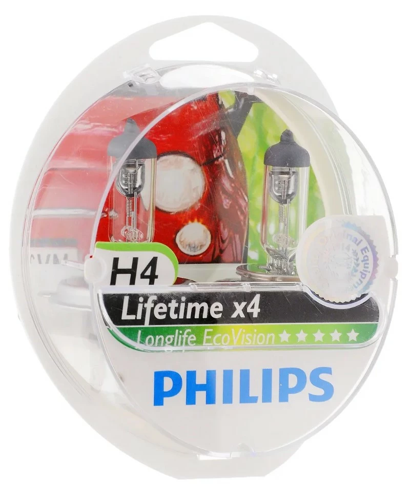 Лампа галогенная Philips LongLife EcoVision H4 (P43t) 12V 60/55W, 12342LLECOS2, 2 шт