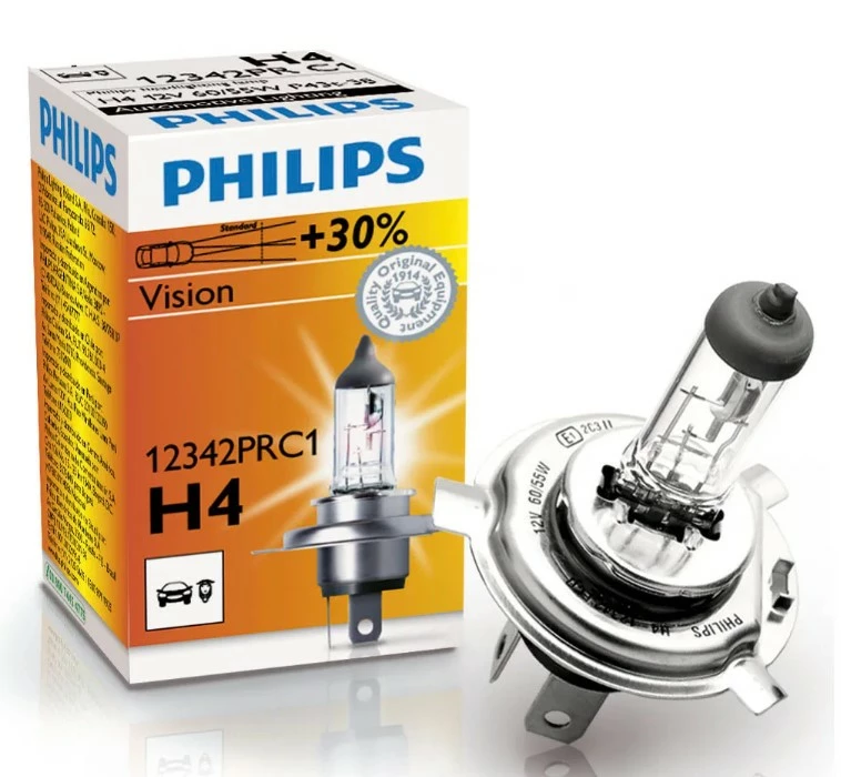 Лампа галогенная Philips Vision H4 (P43t) 12V 60/55W, 12342PRC1, 1 шт