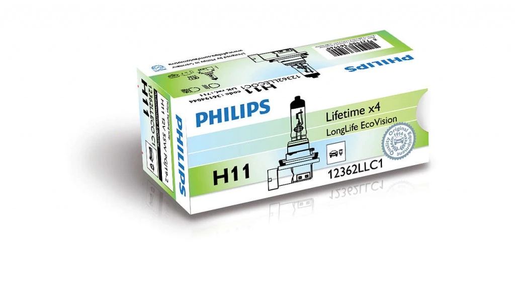 Лампа галогенная Philips LongLife EcoVision H11 (PGJ19-2) 12V 55W, 12362LLECOC1, 1 шт