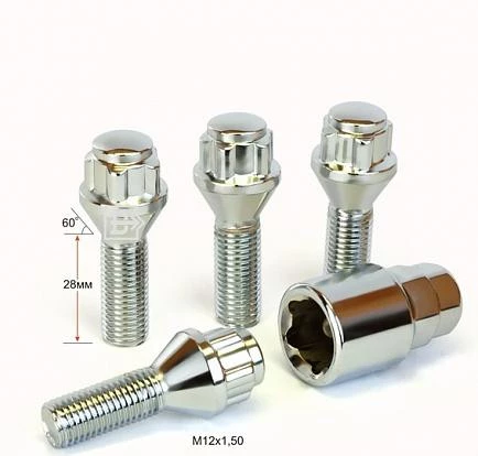 Болт колесный M12*28*1,5 (секрет., конус c буртиком, 5 лучей 1 ключ)  (арт. 375110H1)