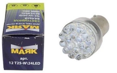 Лампа светодиодная Маяк P21W/T25 (BA15s) 12V 21W, 12T25-W/12LED, 1 шт